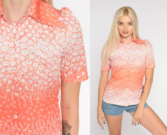 70s Orange Floral Button Up Blouse Puff Sleeve Dagger Collar Extra Small