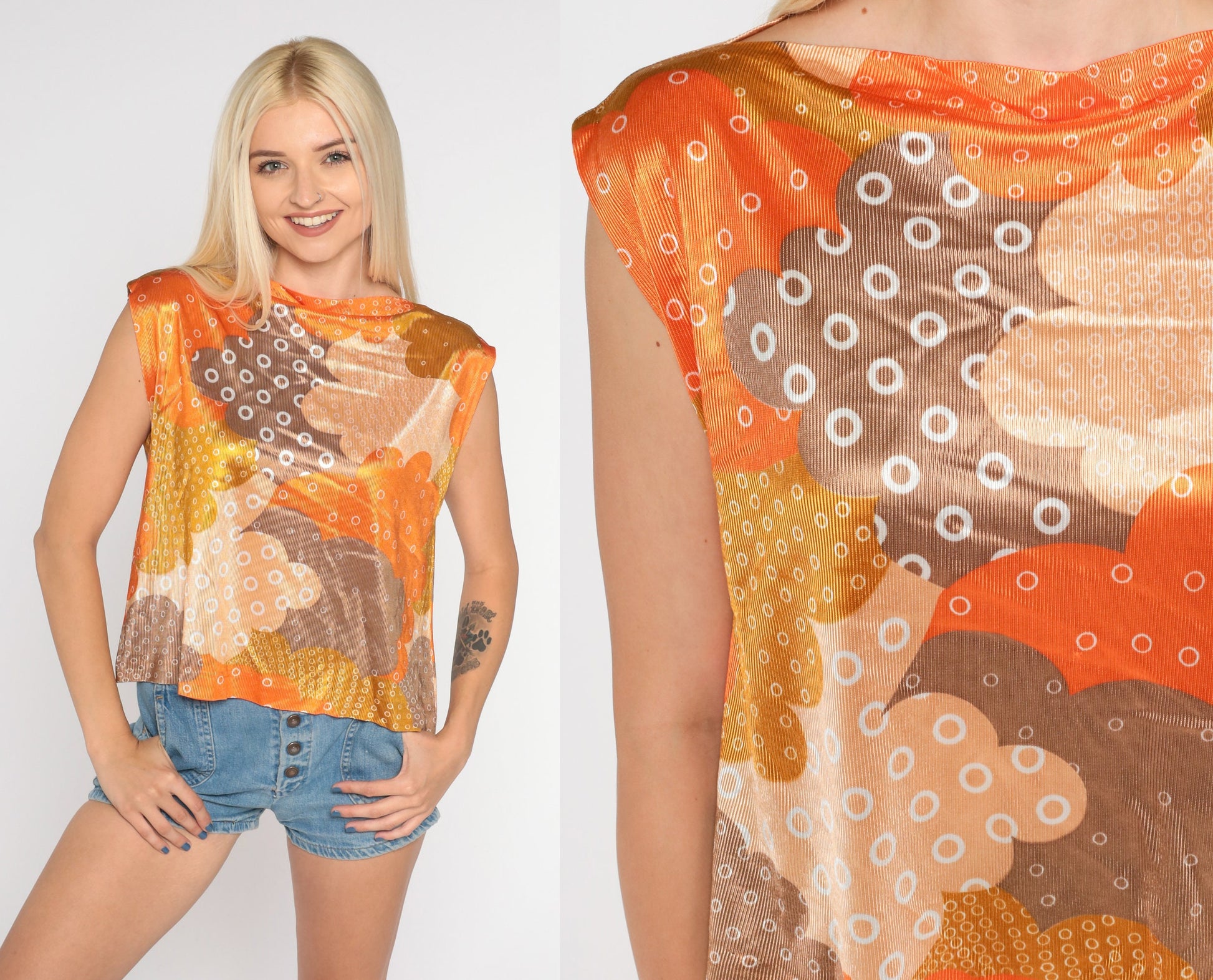 70s Cloud Print Cap Sleeve Top Orange Abstract Boat Neck Small