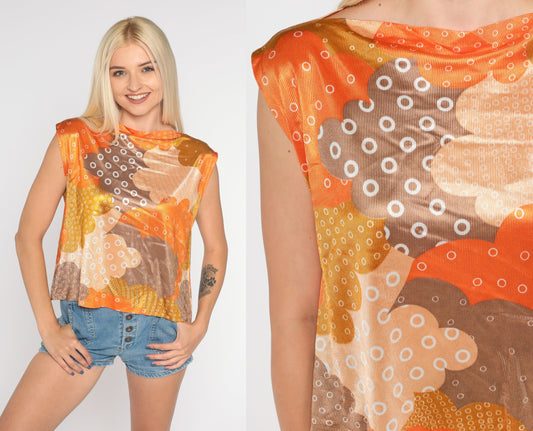70s Cloud Print Cap Sleeve Top Orange Abstract Boat Neck Small