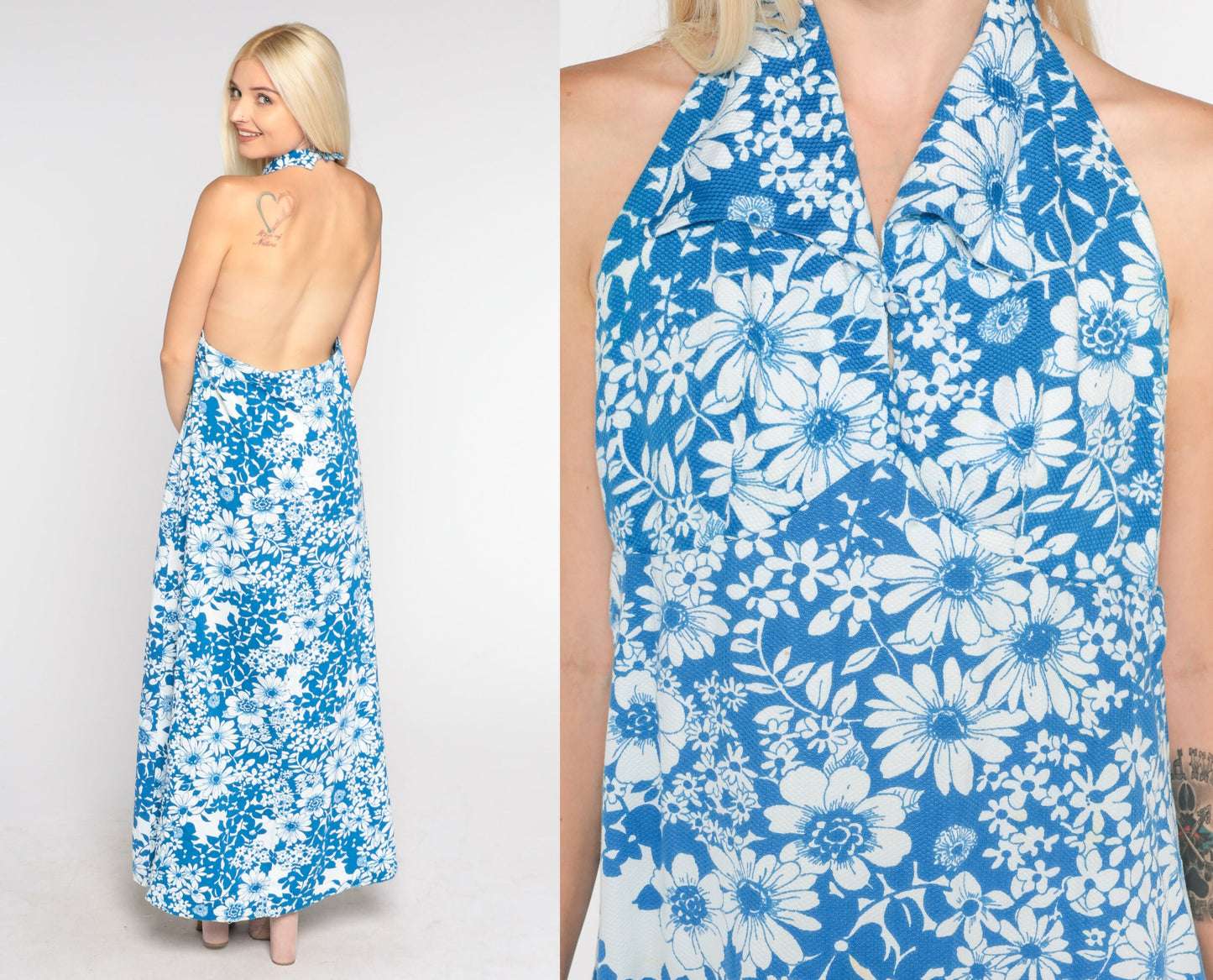 70s Blue Floral Maxi Dress Halter Neck Open Back Cotton Medium Petite