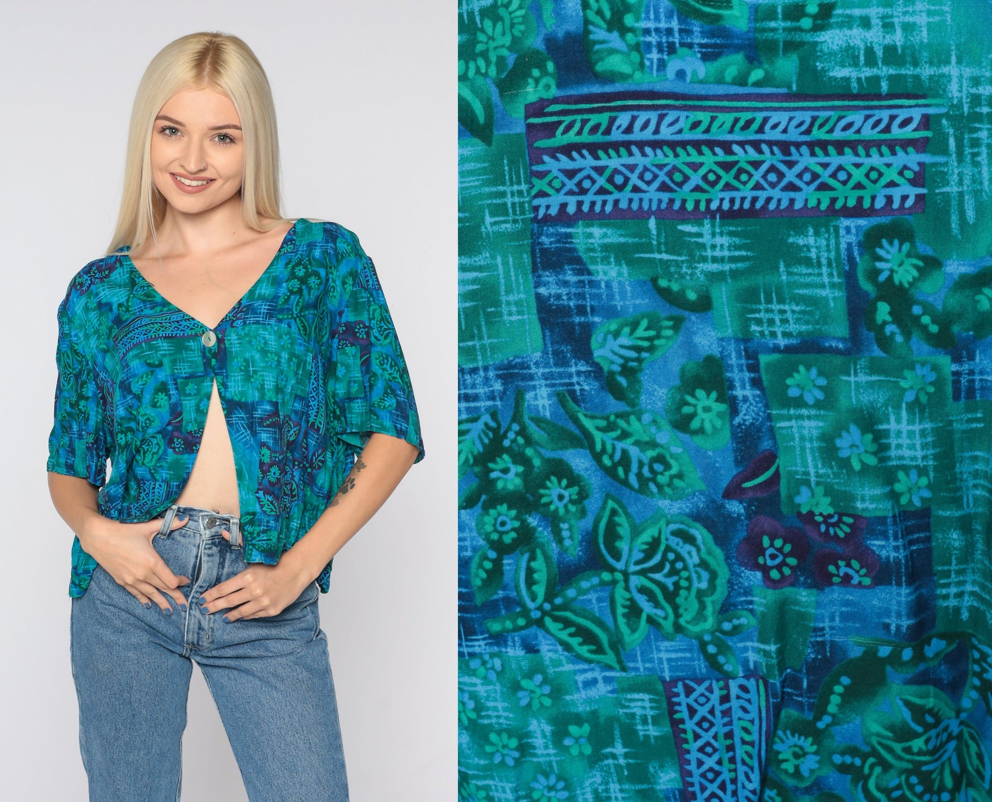 90s Blue Floral Rayon Blouse Open Front Button Up Short Sleeve Extra Extra Large XXL