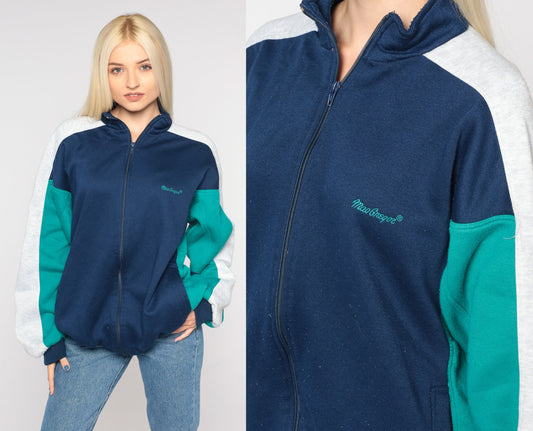 80s MacGregor Track Jacket Zip Up Sweatshirt Blue Green Colourblock Large L