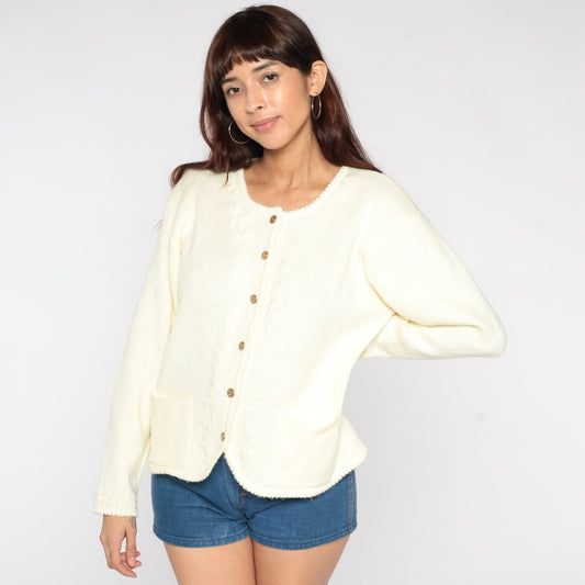 80s Floral Embroidered Cardigan Cream Button-Up Knit Sweater Medium Large