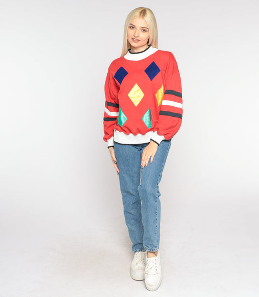 90s Diamond Print Red Sweatshirt Crewneck Geometric Pullover Small S