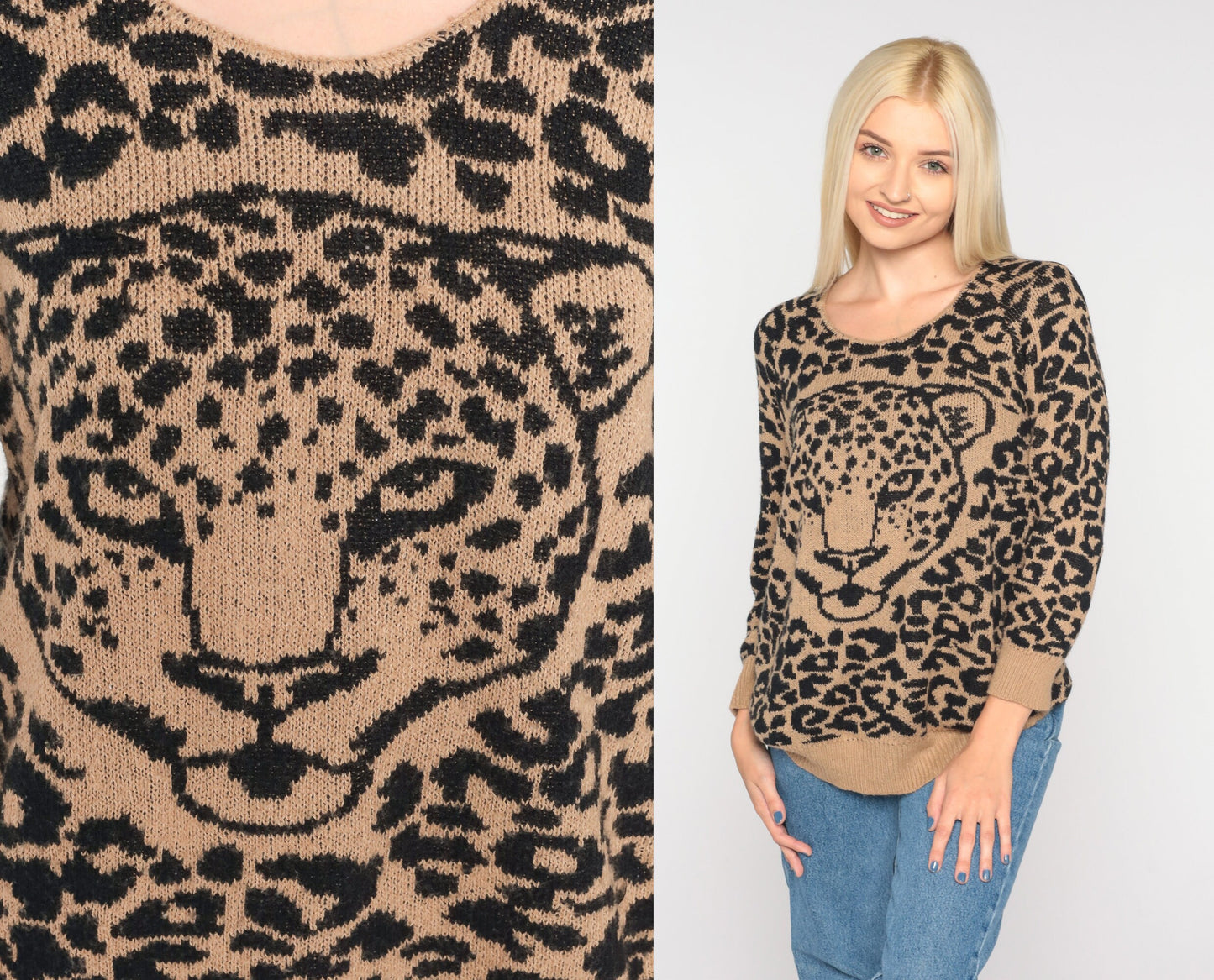 90s Leopard Print Sweater Animal Face Knit Pullover Medium M