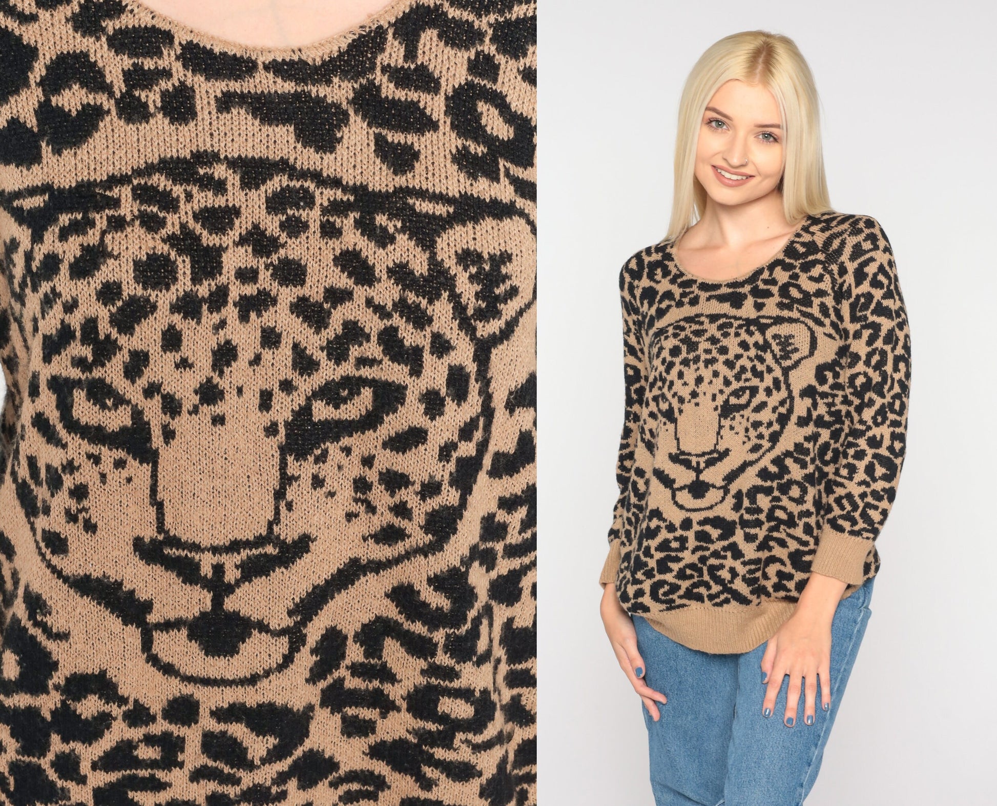 90s Leopard Print Sweater Animal Face Knit Pullover Medium M