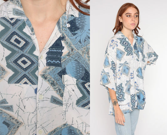 Y2K Tropical Pineapple Print Button Up Shirt White Blue Abstract Mens Large