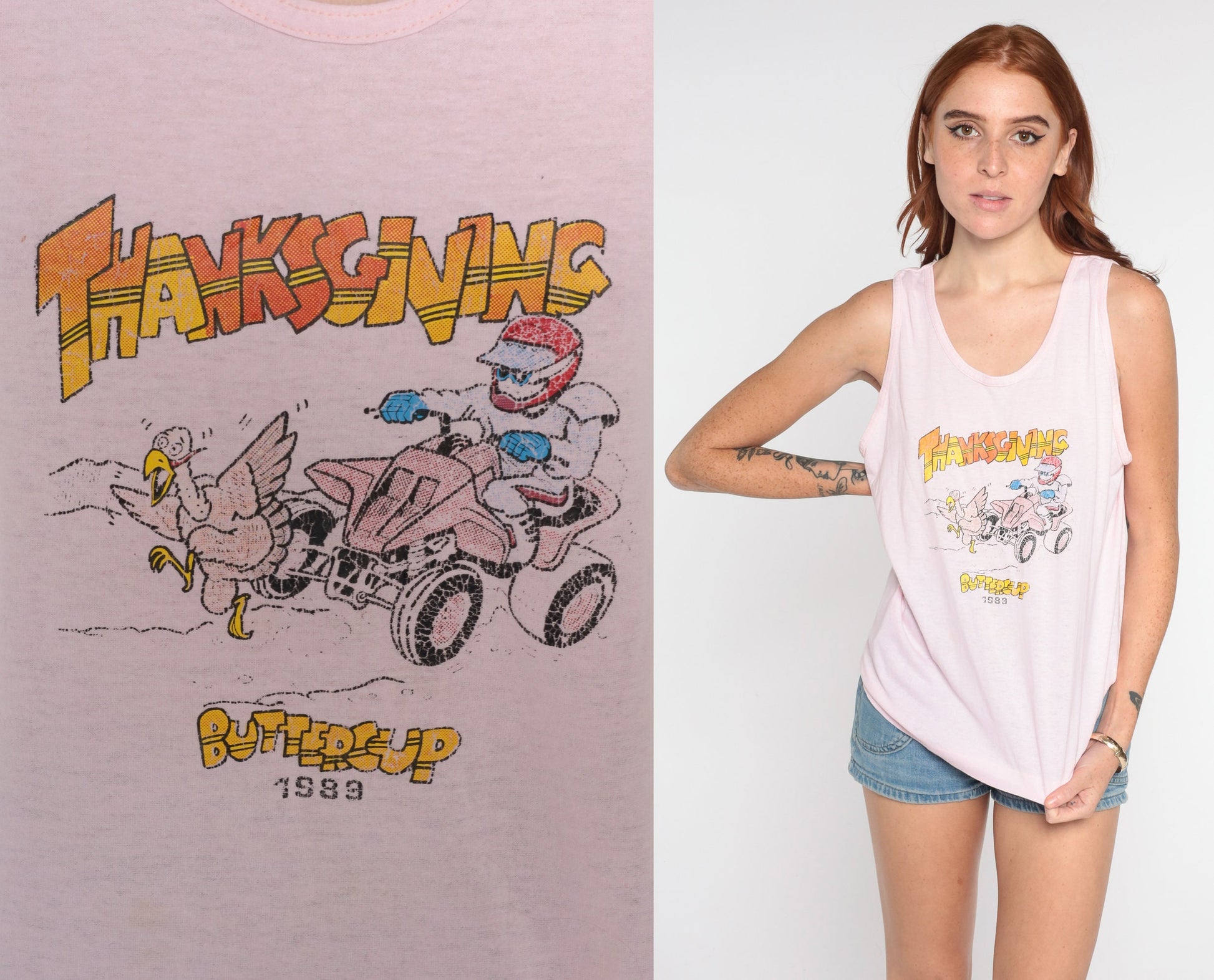 80s Turkey Hunt Thanksgiving Tank Top Graphic Sleeveless Tee Baby Pink Medium