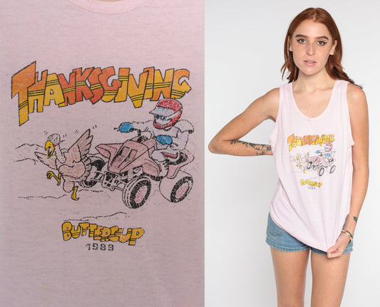 80s Turkey Hunt Thanksgiving Tank Top Graphic Sleeveless Tee Baby Pink Medium