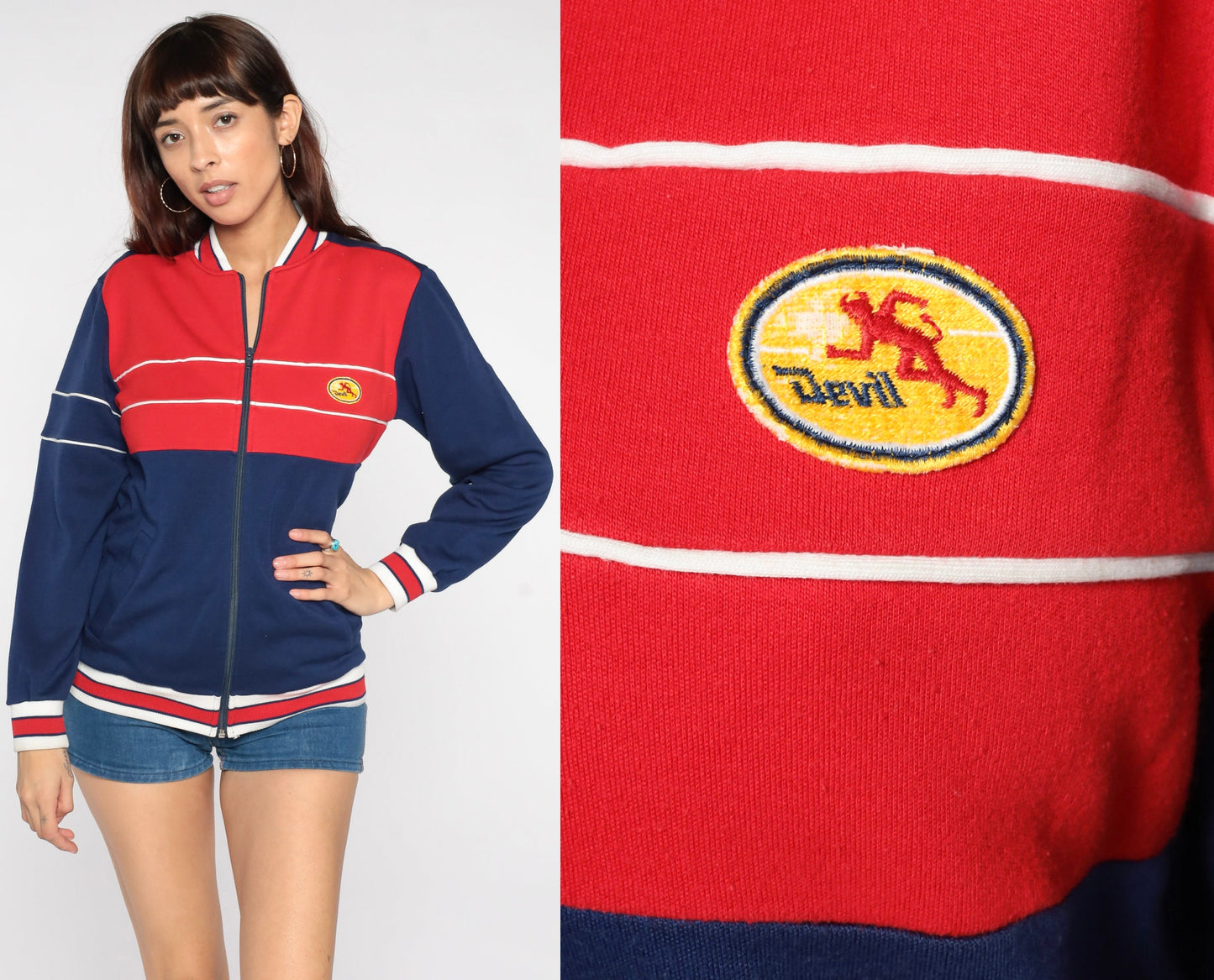 80s Devil Action Wear Track Jacket Blue Red Striped Crest Small