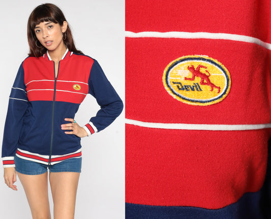 80s Devil Action Wear Track Jacket Blue Red Striped Crest Small