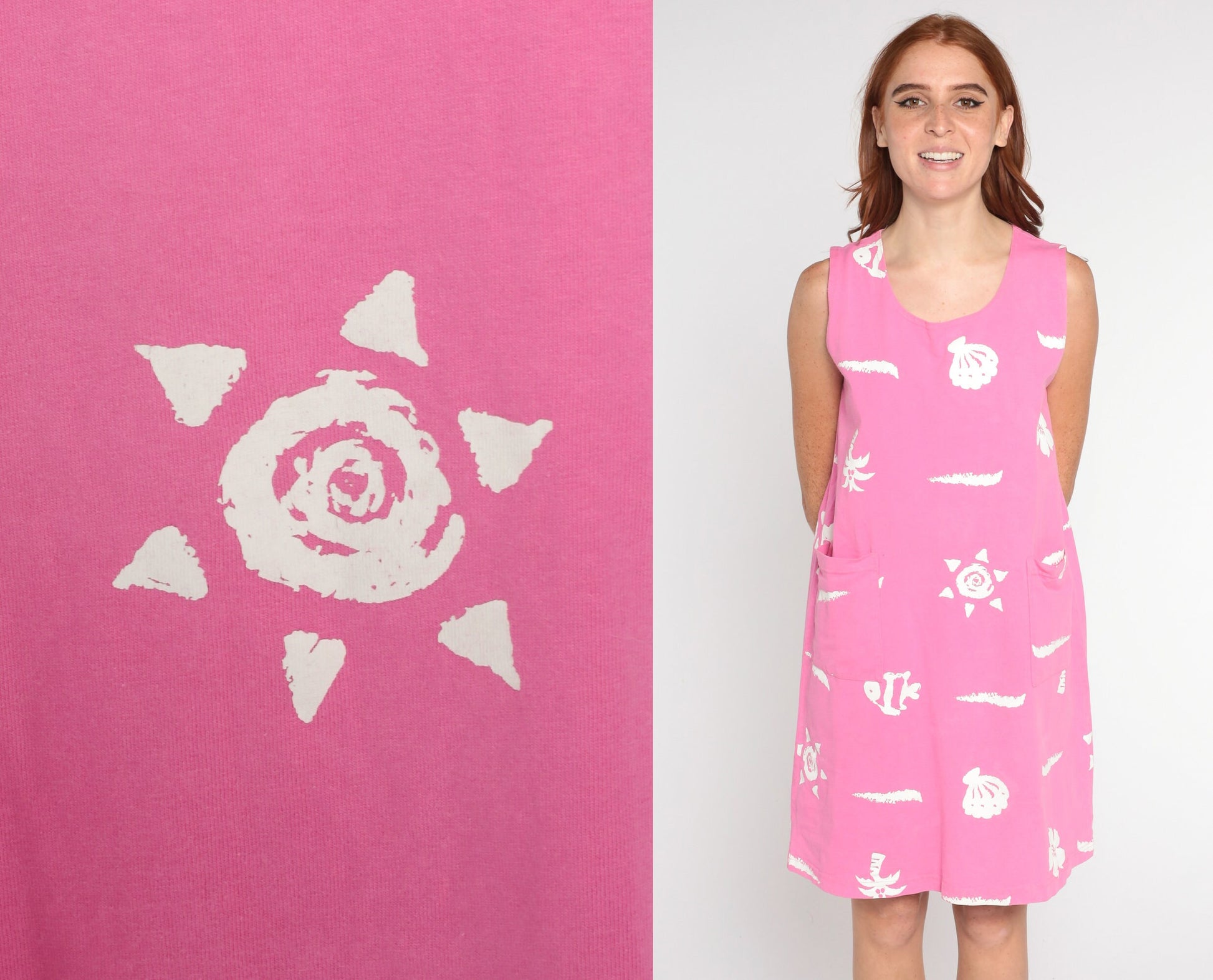 90s Pink Tropical Mini Dress Fish Shell Sun Print Sleeveless Small