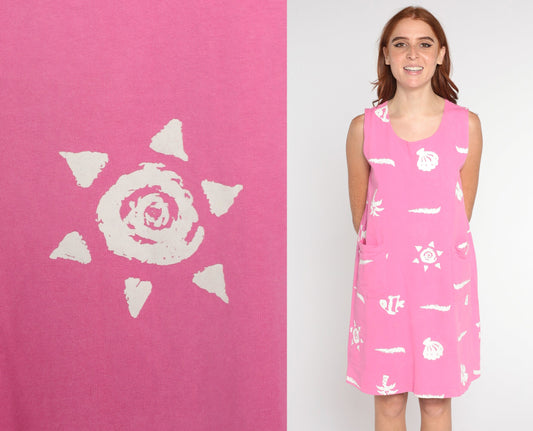 90s Pink Tropical Mini Dress Fish Shell Sun Print Sleeveless Small
