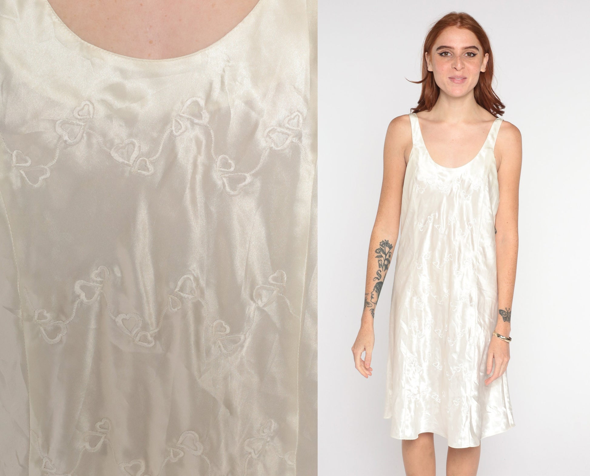 90s Ivory Slip Dress Embroidered Hearts Low Back Sleeveless Mini Nightgown Medium