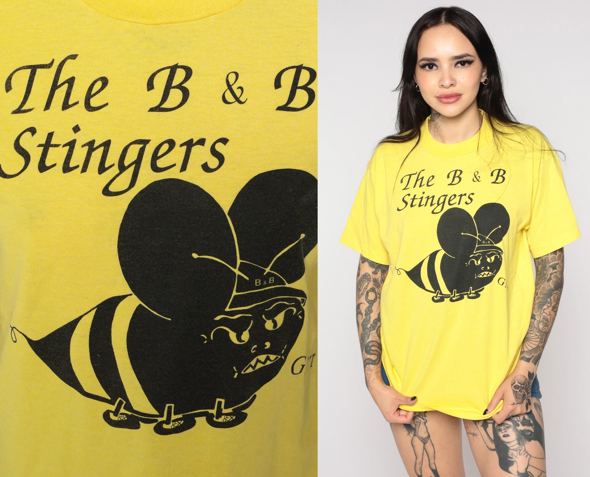 80s B & B Stingers Bee Cocktail Graphic T-Shirt Yellow Screen Stars Medium