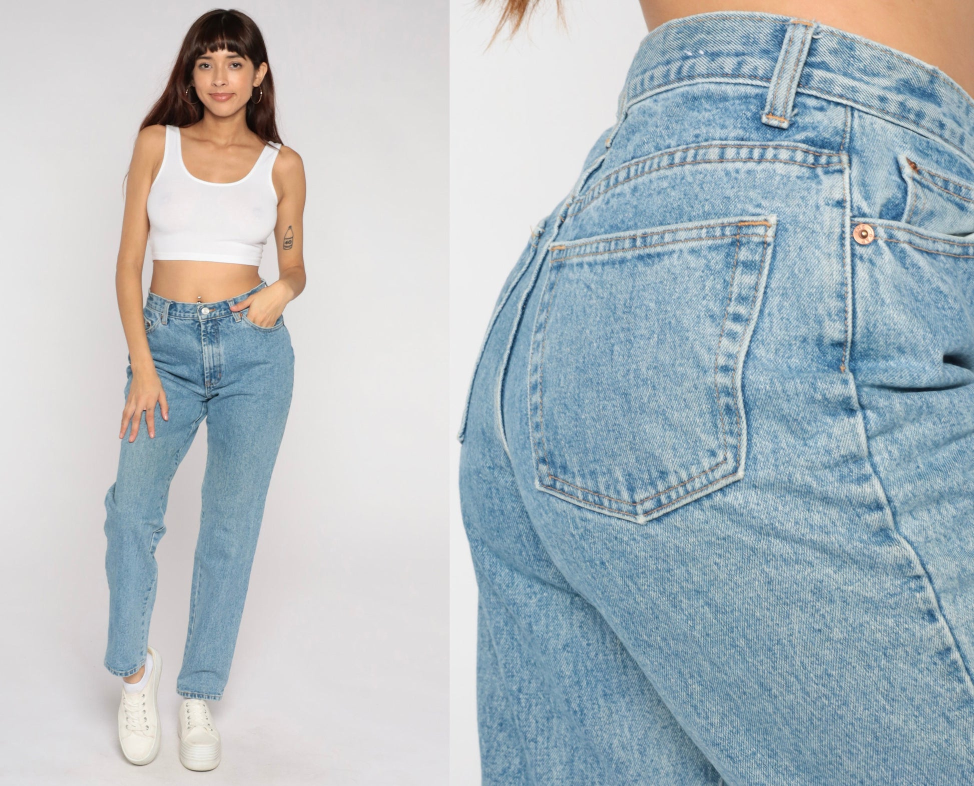 90s Tapered Mid Rise Denim Jeans Stone Washed Blue Women's 10 Long