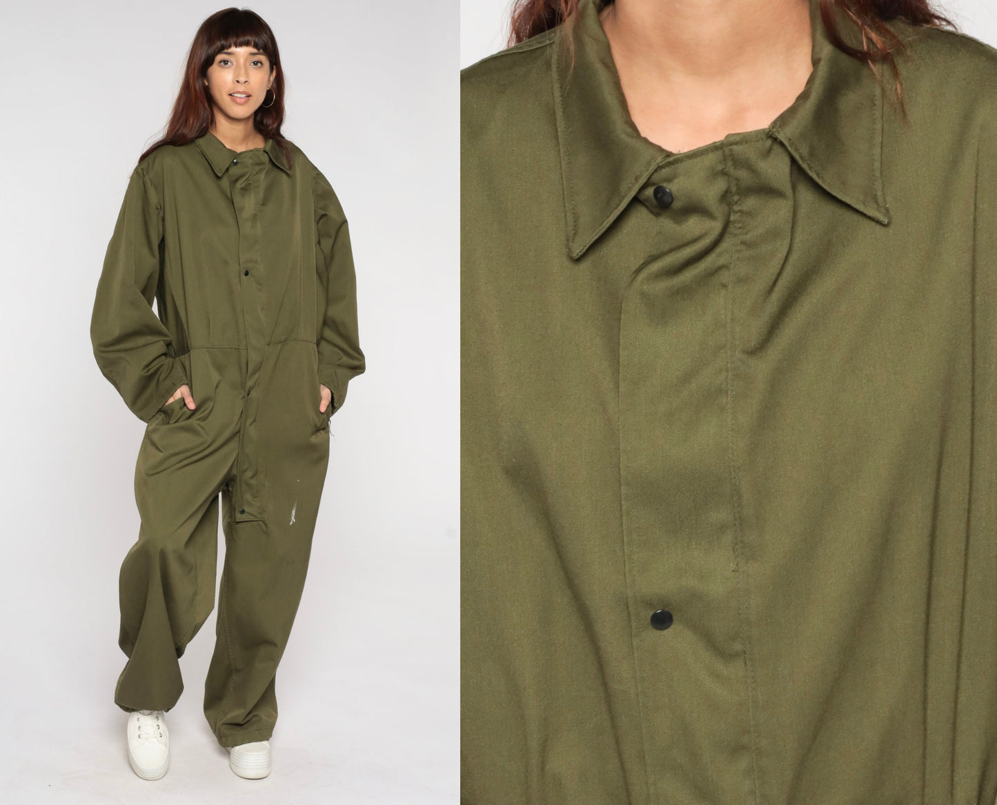 90s Army Olive Green Jumpsuit Military Coveralls Long Sleeve Men's Medium