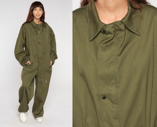 90s Army Olive Green Jumpsuit Military Coveralls Long Sleeve Men's Medium