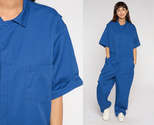 90s Blue Coveralls Short Sleeve Jumpsuit Men's 46 Extra Large