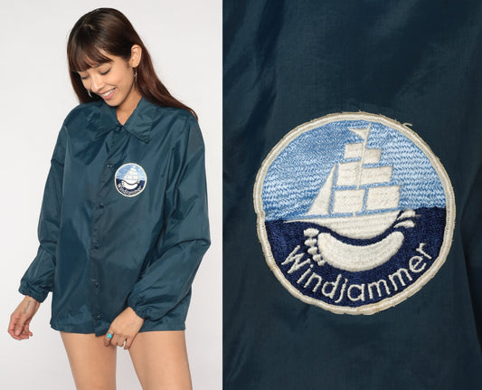 70s Windjammer Sailboat Patch Windbreaker Jacket Navy Nylon Mens Medium