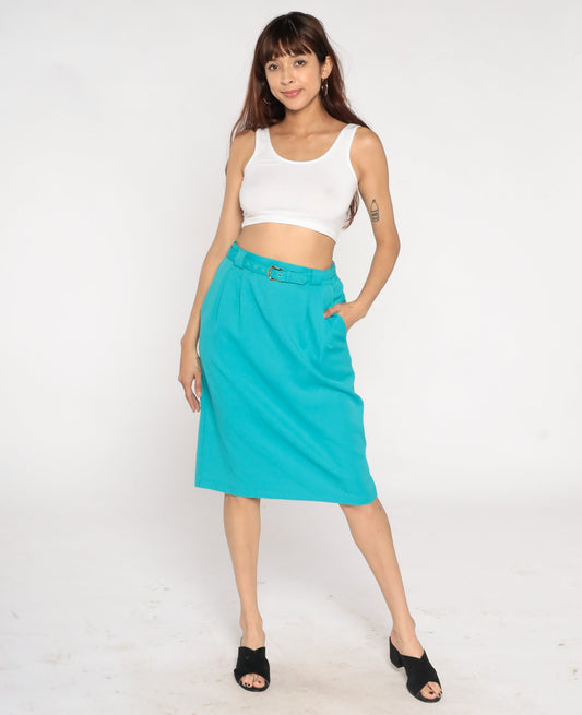 90s Turquoise Pleated Pencil Skirt High Waist Knee Length Belt Medium