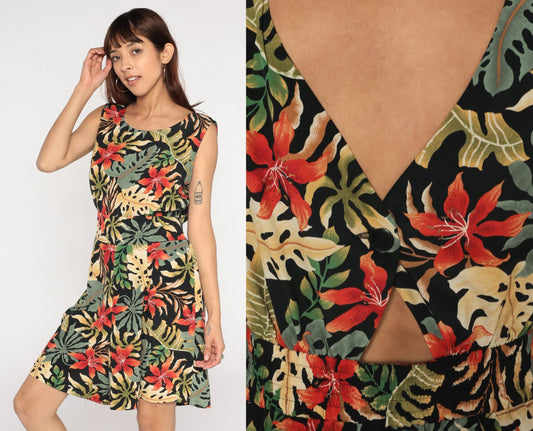90s Black Tropical Floral Leaf Print Mini Dress Sleeveless Keyhole Back Large L