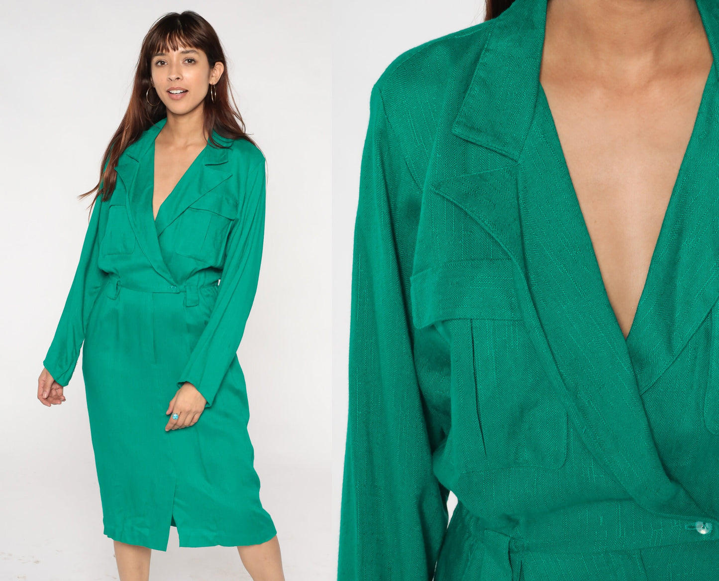 80s Green Midi Wrap Dress Button-Up Collar Pockets Long Sleeve Small