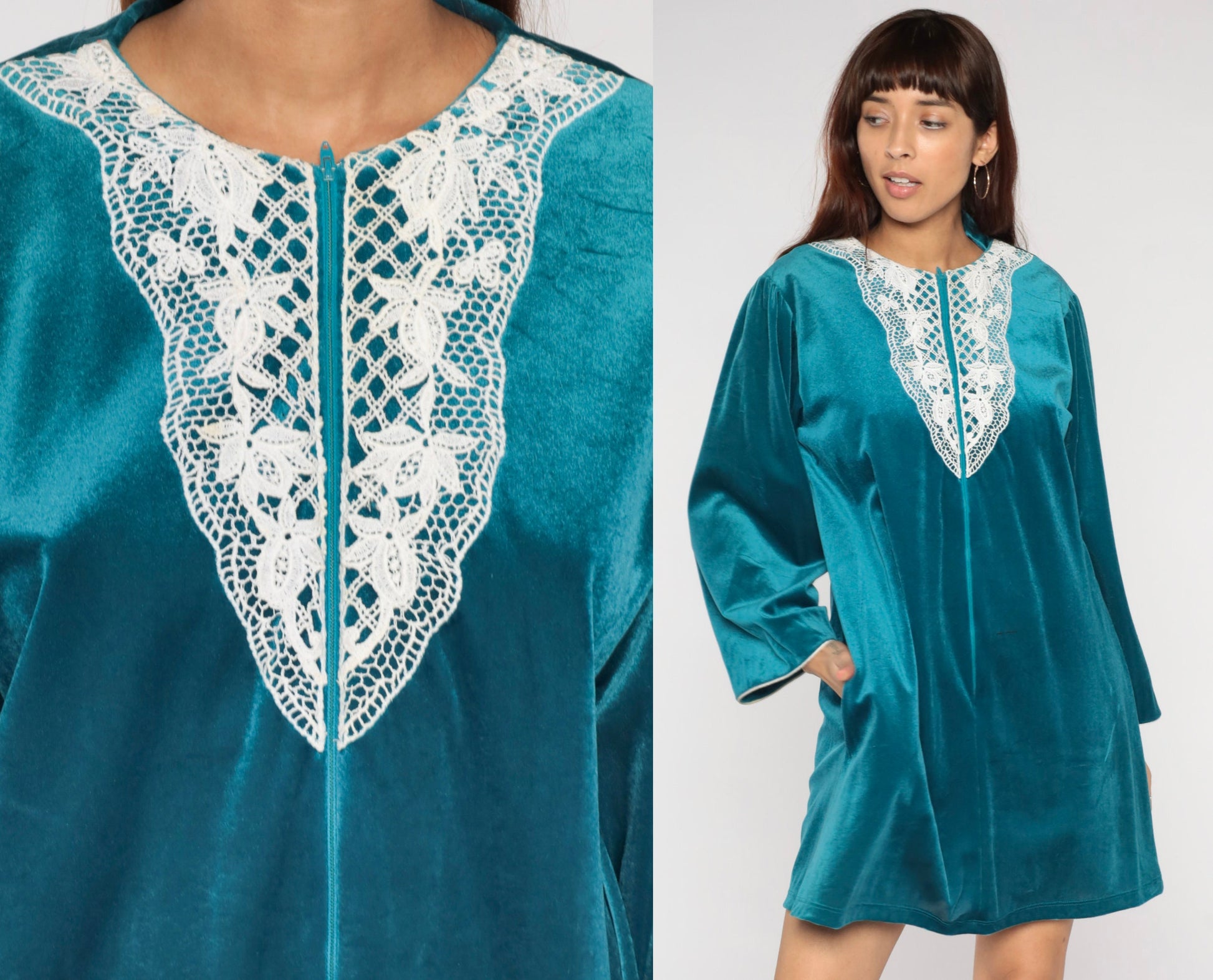 80s Teal Velour Mini Lounge Dress Floral Lace Bib Long Sleeve Zip Front Large L