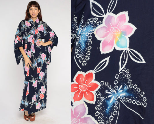 Y2K Navy Floral Butterfly Kimono Robe Maxi Cotton Open Front Medium