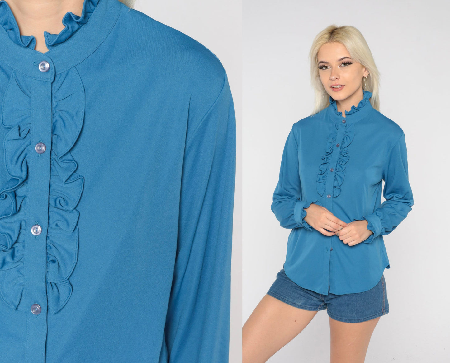 70s Blue Tuxedo Ruffle Blouse High Neck Button Up Long Sleeve Small