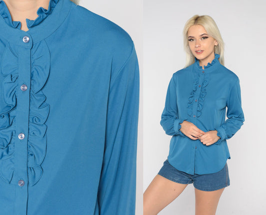 70s Blue Tuxedo Ruffle Blouse High Neck Button Up Long Sleeve Small