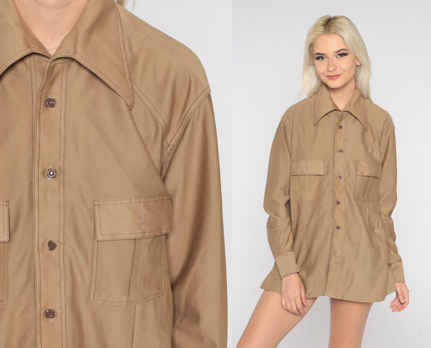 70s Tan Button Up Shirt Dagger Collar Long Sleeve Chest Pocket Men's Large