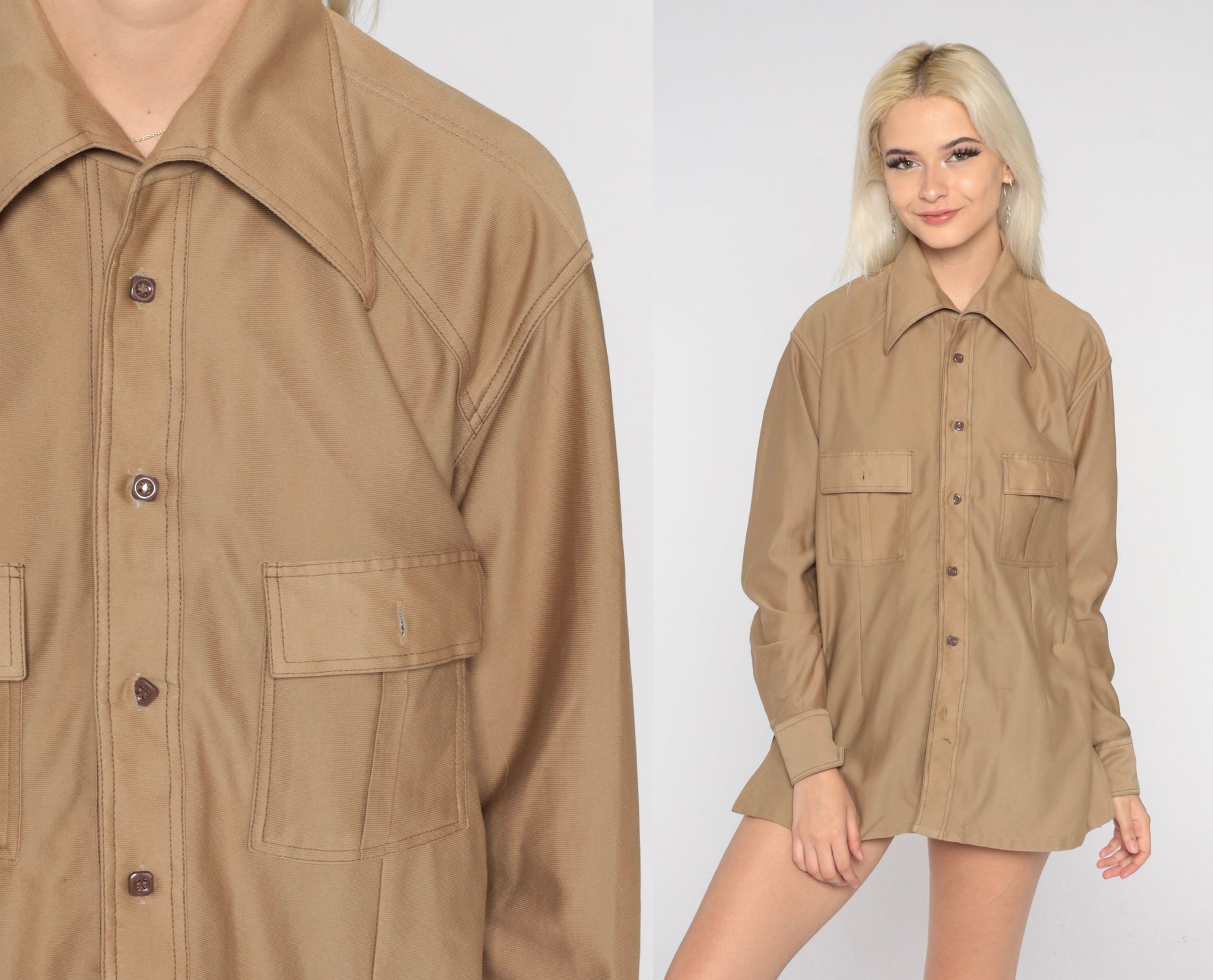 70s Tan Button Up Shirt Dagger Collar Long Sleeve Chest Pocket Men's Large