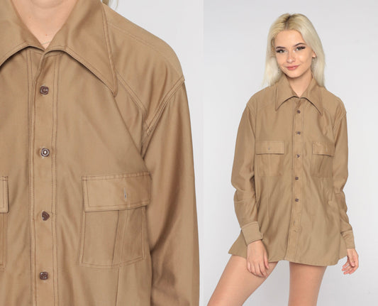 70s Tan Button Up Shirt Dagger Collar Long Sleeve Chest Pocket Men's Large