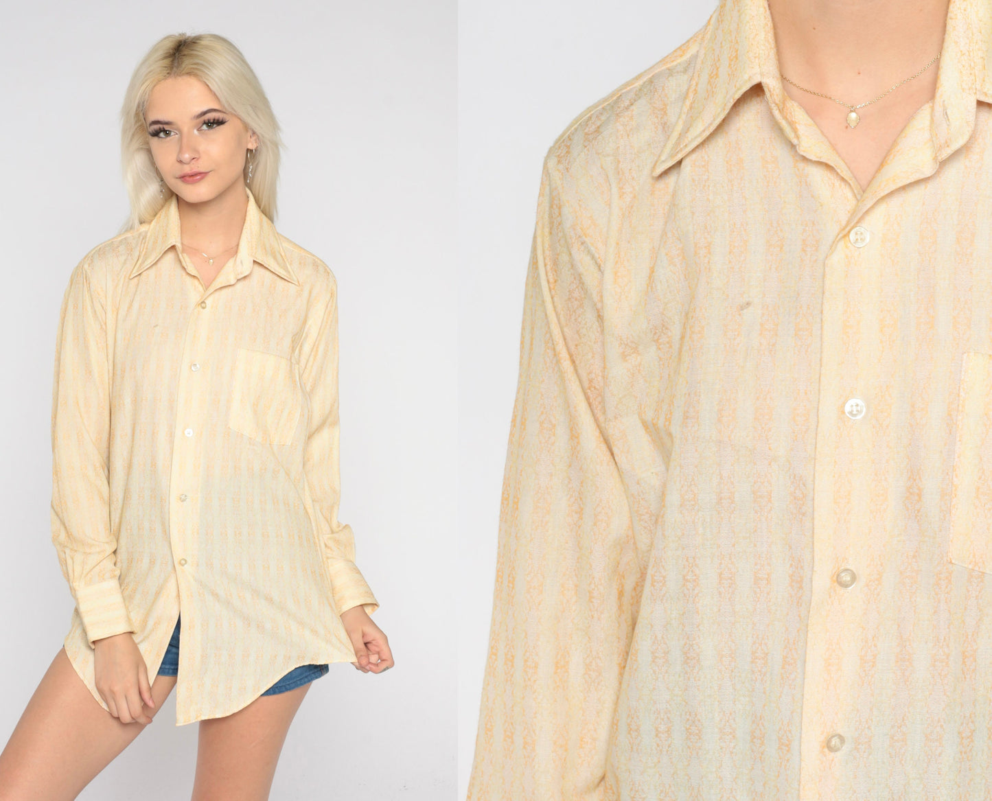 70s Yellow Geometric Striped Button-Up Shirt Pointed Collar Long Sleeve Medium