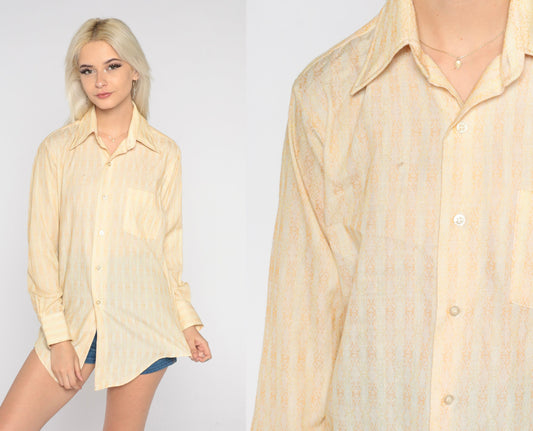 70s Yellow Geometric Striped Button-Up Shirt Pointed Collar Long Sleeve Medium