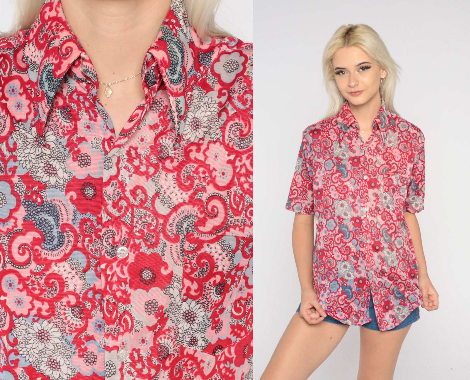 70s Psychedelic Floral Button-Up Shirt Pink Red Paisley Flower Print Medium