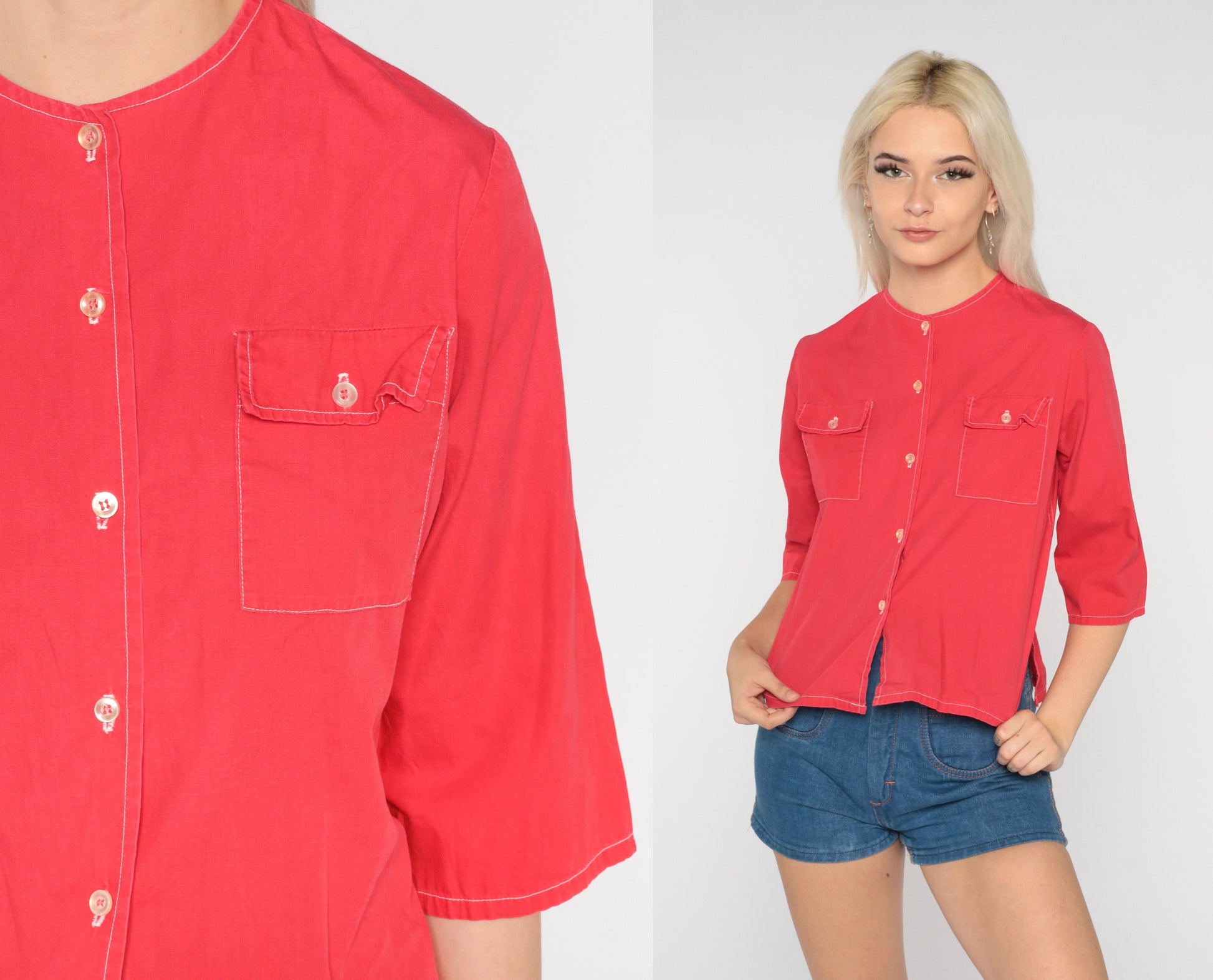 70s Red Button-Up Blouse Short Sleeve Chest Pockets Small