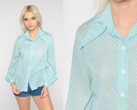 70s Baby Blue Polka Dot Blouse Balloon Sleeve Dagger Collar Button Up Small