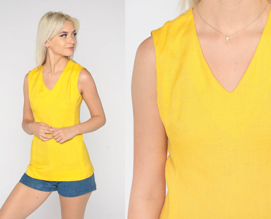 60s Yellow Tank Top V Neck Sleeveless Blouse Small