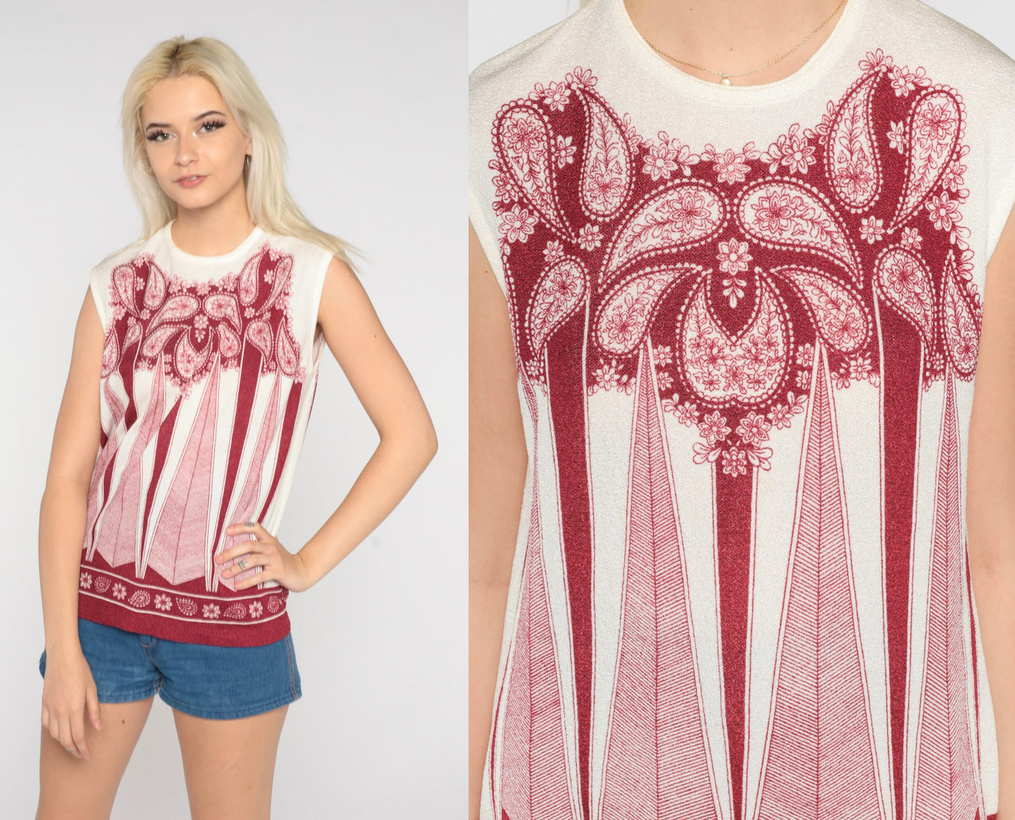 70s Geometric Paisley Tank Top White Red Psychedelic Print Medium