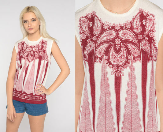 70s Geometric Paisley Tank Top White Red Psychedelic Print Medium