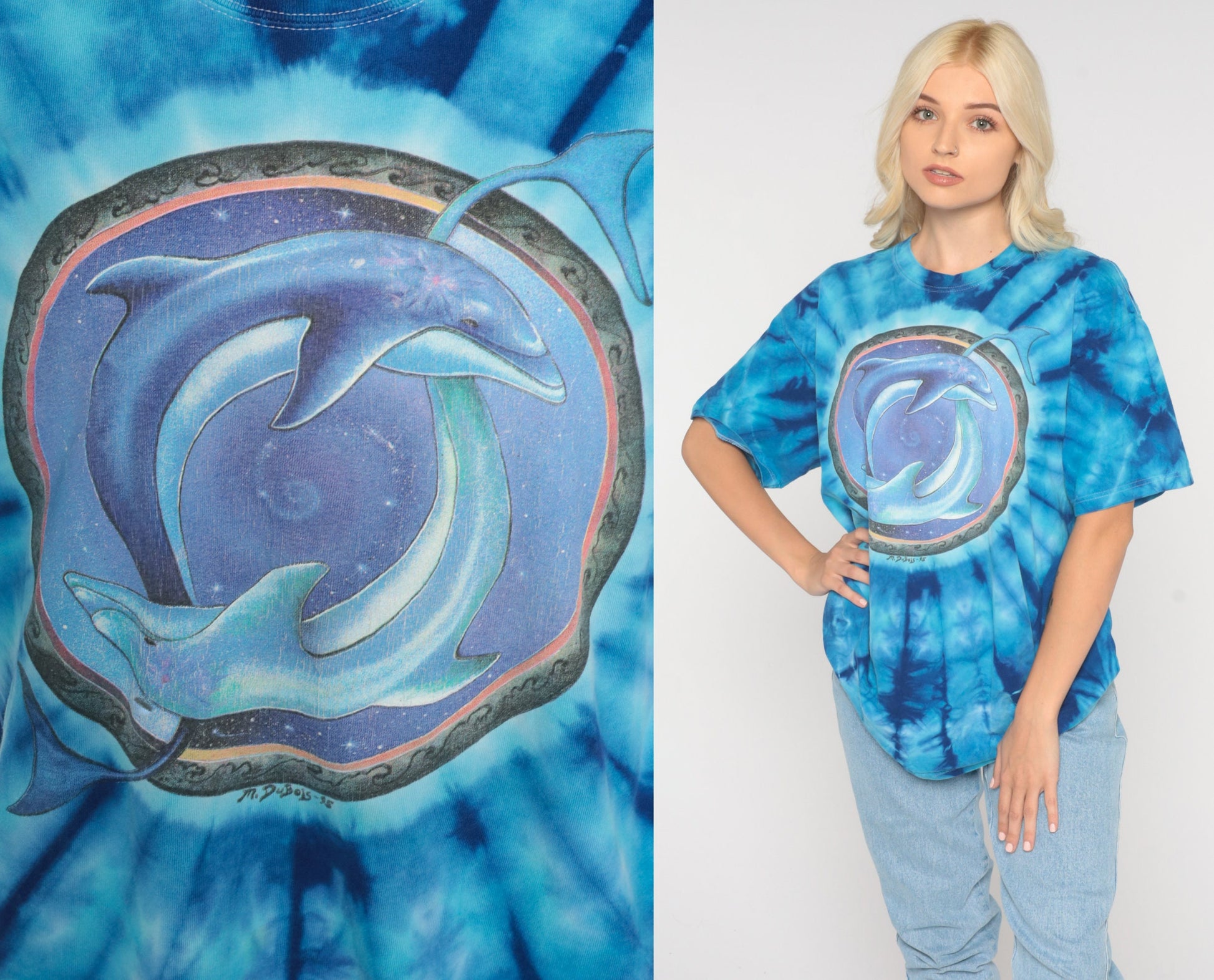 90s Dolphin Tie Dye Graphic T-Shirt Blue Galactic Print Cotton Medium