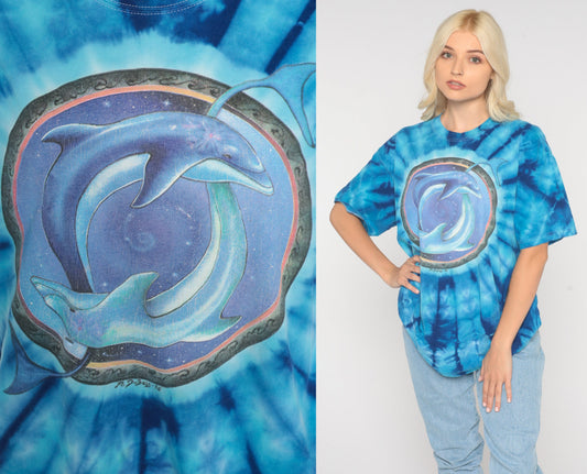 90s Dolphin Tie Dye Graphic T-Shirt Blue Galactic Print Cotton Medium