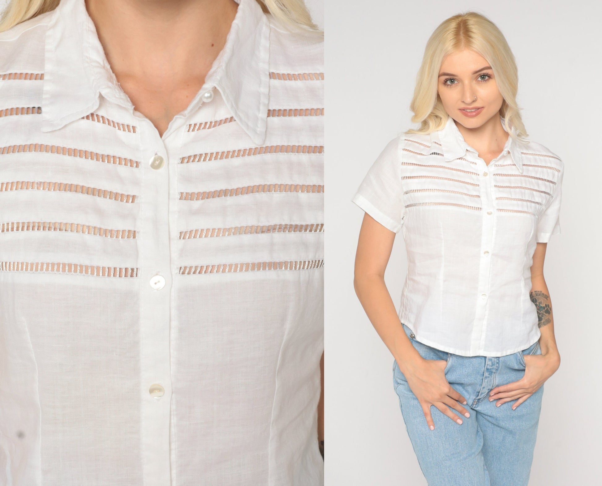 90s White Cutout Button-Up Blouse Short Sleeve Small S