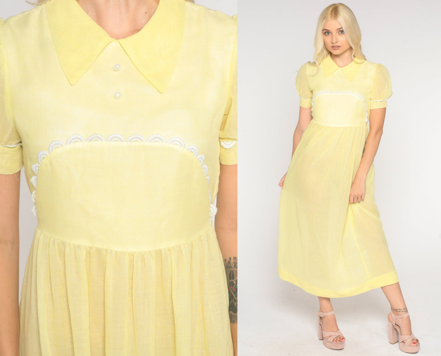 1970s Sheer Pastel Yellow Maxi Dress Puff Sleeve High Waist Extra Small