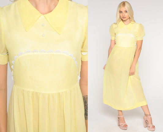 1970s Sheer Pastel Yellow Maxi Dress Puff Sleeve High Waist Extra Small