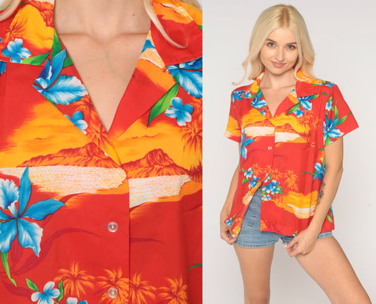 80s Tropical Floral Hawaiian Button-Up Shirt Red Palm Tree Blouse Large L