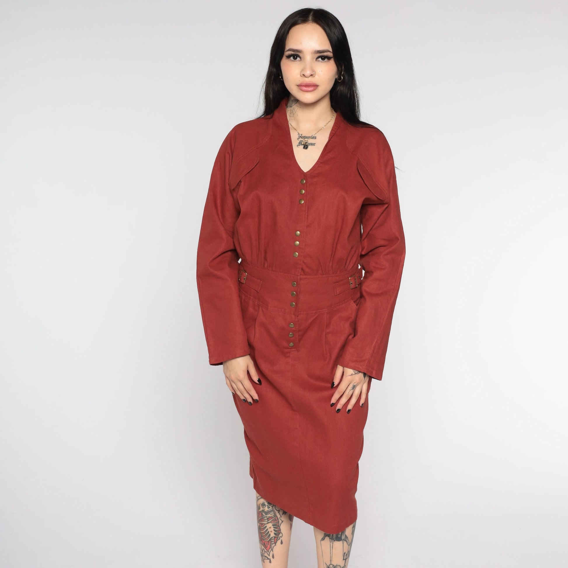 80s Rust Button-Up Sheath Dress V-Neck Long Sleeve Midi Medium