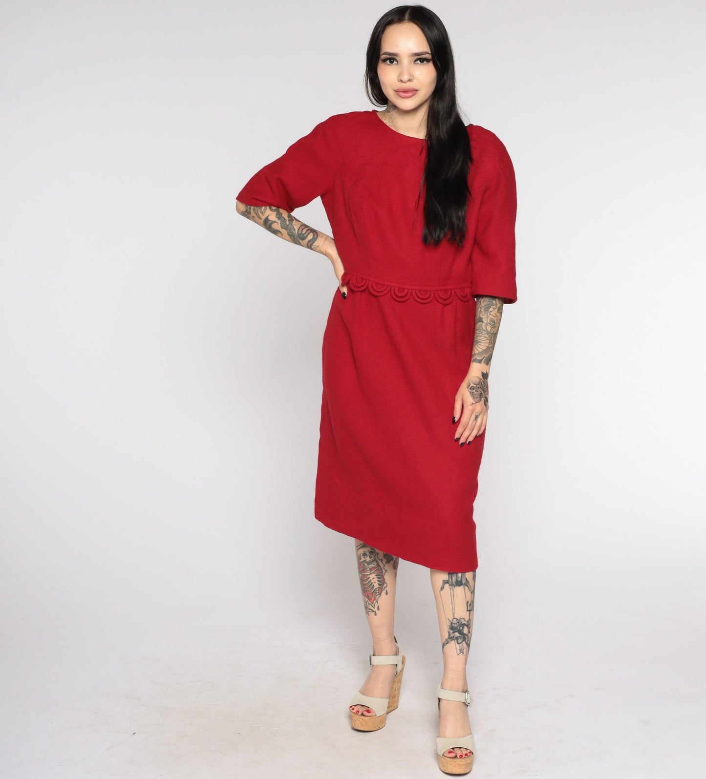 60s Stacy Ames Red Wool Midi Dress Half Sleeve High Waist Medium